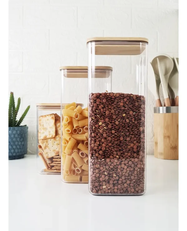 FRASCO ACRILICO CUADRADO CON TAPA DE BAMBU 1.8 Lts