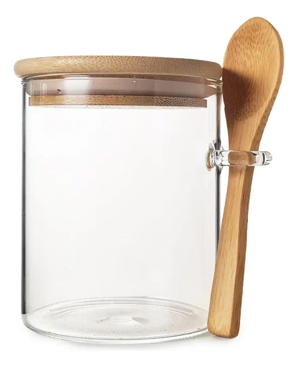 FRASCO HERMETICO VIDRIO CON TAPA CUCHARA BAMBU 500 ML