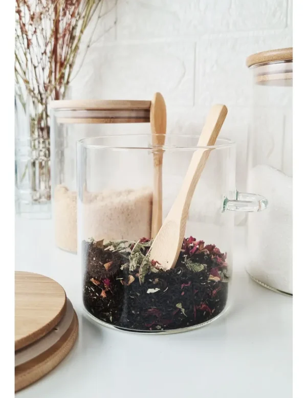 FRASCO HERMETICO VIDRIO CON TAPA CUCHARA BAMBU 700 ML