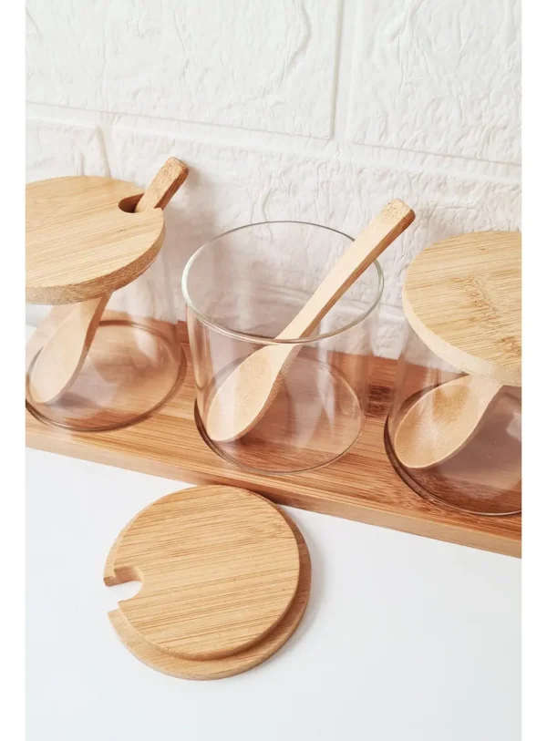 SET X 3 FRASCOS VIDRIO CON TAPA BASE CUCHARA BAMBU