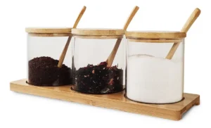 SET X 3 FRASCOS VIDRIO CON TAPA BASE CUCHARA BAMBU