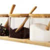 SET X 3 FRASCOS VIDRIO CON TAPA BASE CUCHARA BAMBU CUADRADO