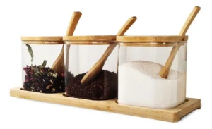 SET X 3 FRASCOS VIDRIO CON TAPA BASE CUCHARA BAMBU CUADRADO