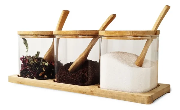 SET X 3 FRASCOS VIDRIO CON TAPA BASE CUCHARA BAMBU CUADRADO