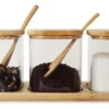 SET X 3 FRASCOS VIDRIO CON TAPA BASE CUCHARA BAMBU CUADRADO
