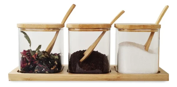 SET X 3 FRASCOS VIDRIO CON TAPA BASE CUCHARA BAMBU CUADRADO