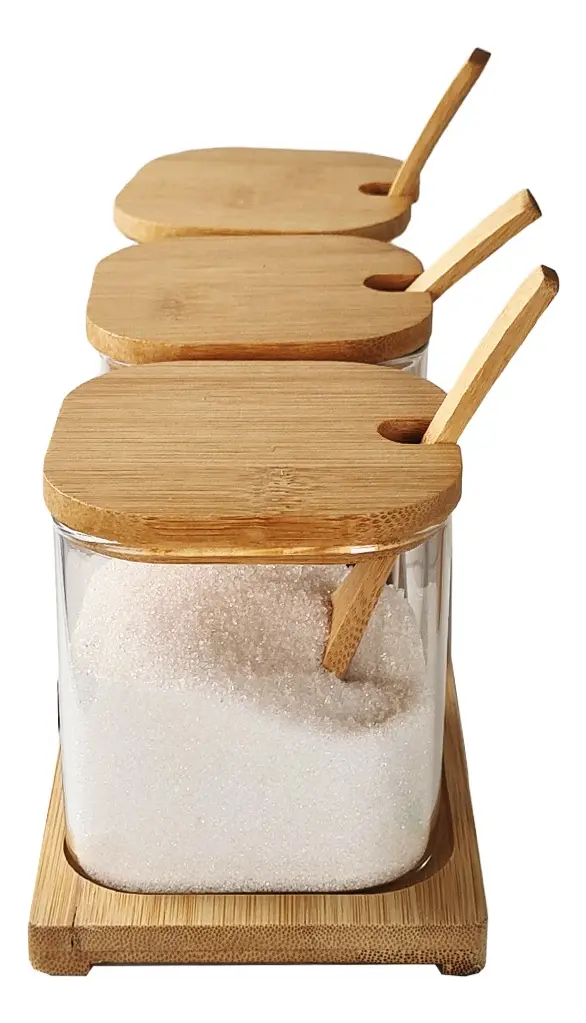 SET X 3 FRASCOS VIDRIO CON TAPA BASE CUCHARA BAMBU CUADRADO