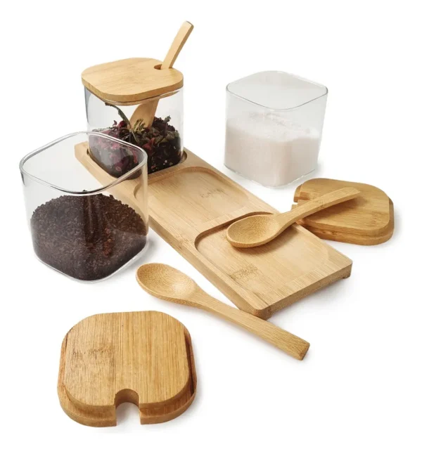 SET X 3 FRASCOS VIDRIO CON TAPA BASE CUCHARA BAMBU CUADRADO
