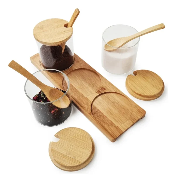 SET X 3 FRASCOS VIDRIO CON TAPA BASE CUCHARA BAMBU