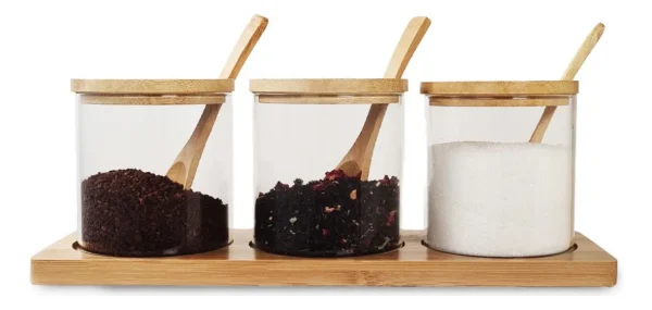 SET X 3 FRASCOS VIDRIO CON TAPA BASE CUCHARA BAMBU