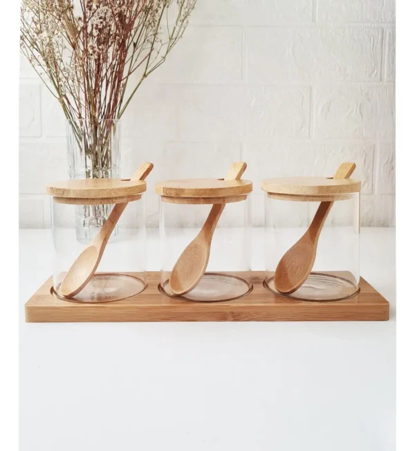 SET X 3 FRASCOS VIDRIO CON TAPA BASE CUCHARA BAMBU
