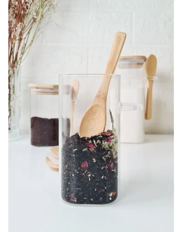 FRASCO HERMETICO CUADRADO CON TAPA CUCHARA BAMBU 390 ML