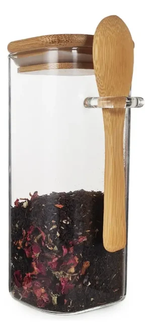 FRASCO HERMETICO CUADRADO CON TAPA CUCHARA BAMBU 390 ML