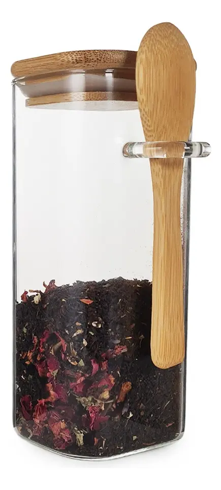 FRASCO HERMETICO CUADRADO CON TAPA CUCHARA BAMBU 390 ML
