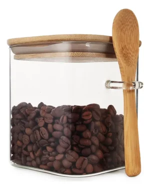 FRASCO HERMETICO CUADRADO CON TAPA CUCHARA BAMBU 575 ML