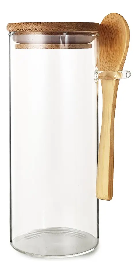 FRASCO HERMETICO VIDRIO CON TAPA CUCHARA BAMBU 850 ML