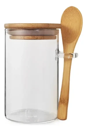 FRASCO HERMETICO VIDRIO CON TAPA CUCHARA BAMBU 300 ML