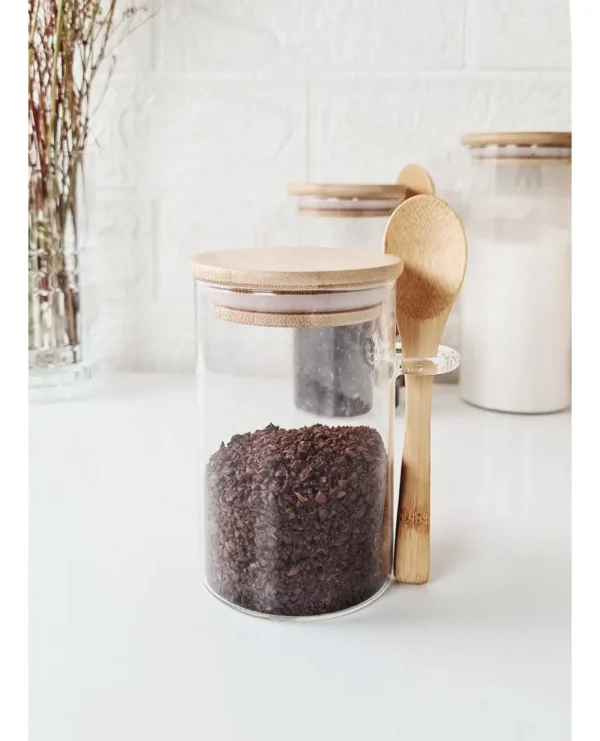 FRASCO HERMETICO VIDRIO CON TAPA CUCHARA BAMBU 300 ML