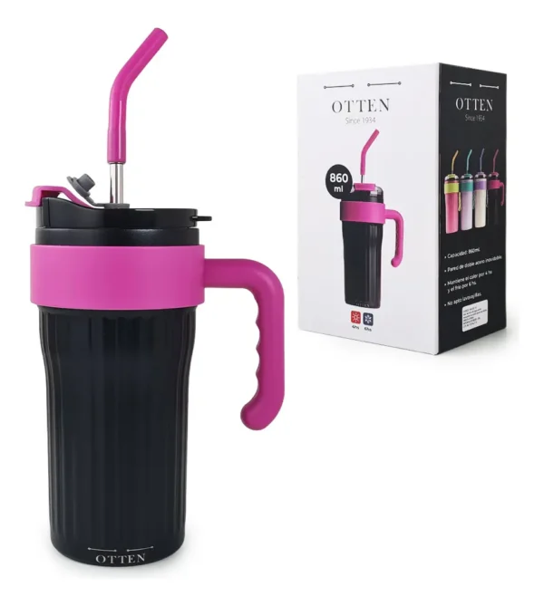 VASO TERMICO C/SORBETE NEGRO/ROSA 860ML