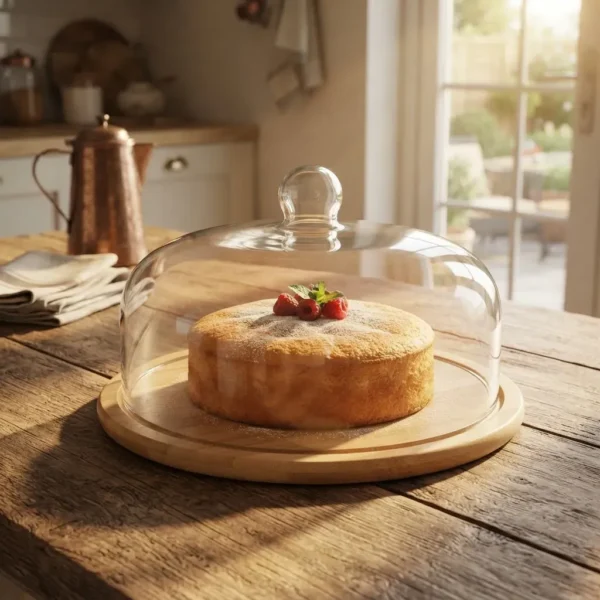 CAMPANA DE CRISTAL CON BANDEJA DE BAMBU PARA TORTA - 31 CM