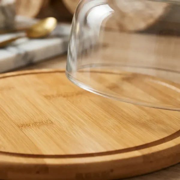 CAMPANA DE CRISTAL CON BANDEJA DE BAMBU PARA TORTA - 31 CM