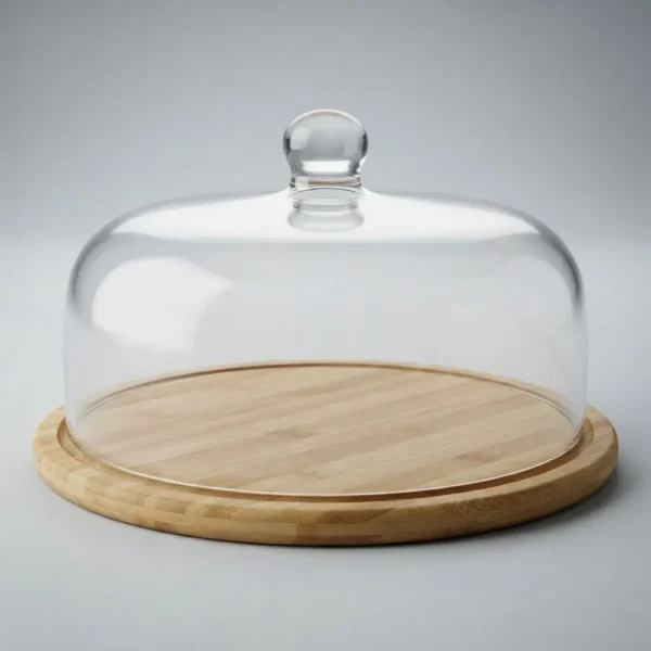 CAMPANA DE CRISTAL CON BANDEJA DE BAMBU PARA TORTA - 31 CM