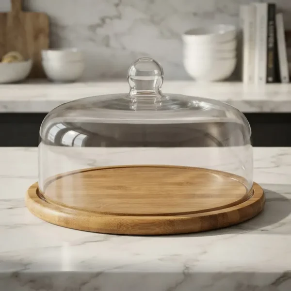 CAMPANA DE CRISTAL CON BANDEJA DE BAMBU PARA TORTA - 31 CM