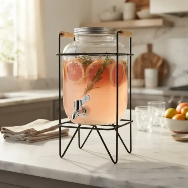DISPENSER DE VIDRIO CON CANILLA + BASE 5 LITROS