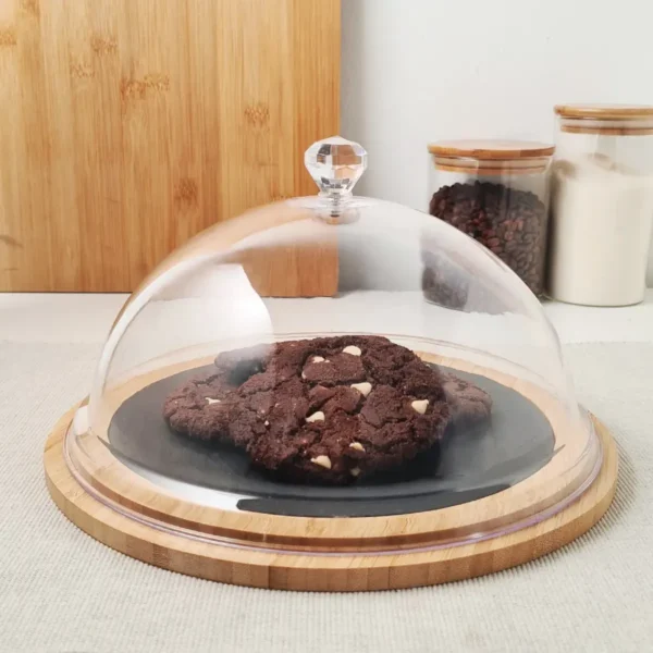 CAMPANA DE CRISTAL CON BANDEJA DE BAMBU PARA TORTA - 23 CM DIAMETRO BASE X 18 CM DIAMETRO CRISTAL