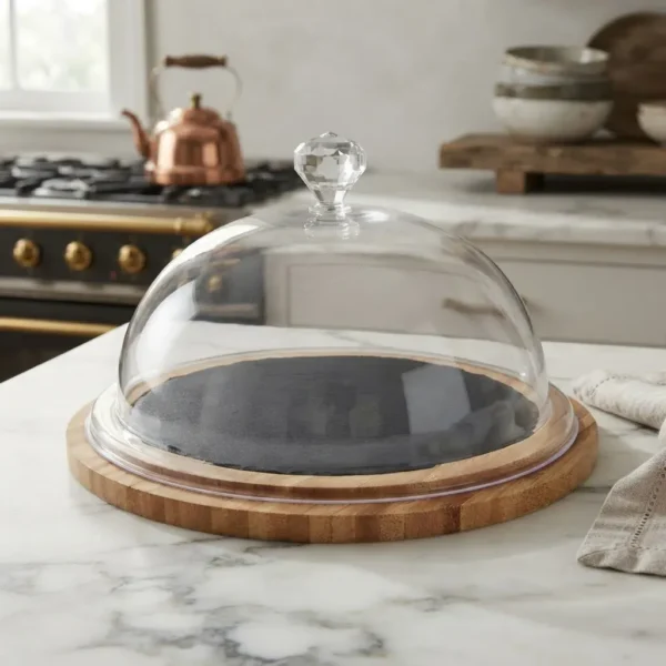CAMPANA DE CRISTAL CON BANDEJA DE BAMBU PARA TORTA -  28 CM DIAMETRO BASE X 22 CM DIAMETRO CRISTAL