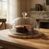 CAMPANA DE CRISTAL CON BANDEJA DE BAMBU PARA TORTA -  28 CM DIAMETRO BASE X 22 CM DIAMETRO CRISTAL