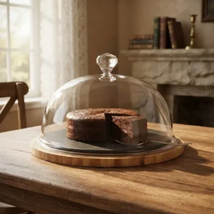 CAMPANA DE CRISTAL CON BANDEJA DE BAMBU PARA TORTA -  28 CM DIAMETRO BASE X 22 CM DIAMETRO CRISTAL
