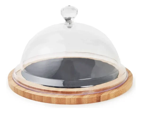 CAMPANA DE CRISTAL CON BANDEJA DE BAMBU PARA TORTA -  28 CM DIAMETRO BASE X 22 CM DIAMETRO CRISTAL