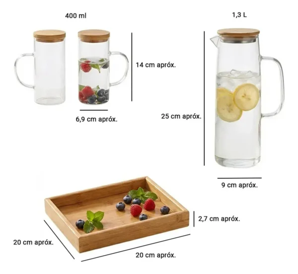 31014DUN1304-1 Set X 3 Jarras Vidrio Resistente Premium Tapa Bambu Otten Transparente