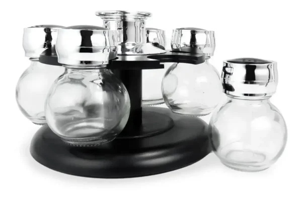 Set Especiero Giratorio 6 Frascos Vidrio Con Tapa Plástico Negro