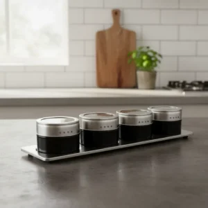 Set X 4 Especieros Condimenteros Imantados Con Base Acero Plateado/negro