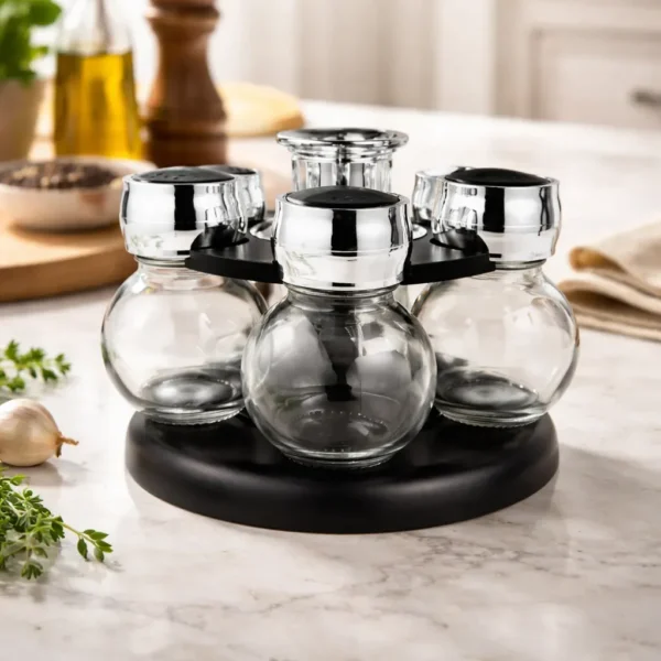 Set Especiero Giratorio 6 Frascos Vidrio Con Tapa Plástico Negro